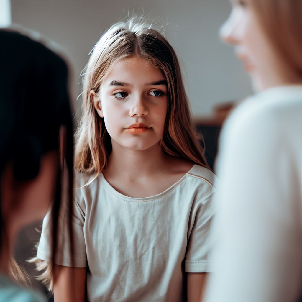 Imagen 2: Una niña con una expresión triste mientras mira a sus amigos.